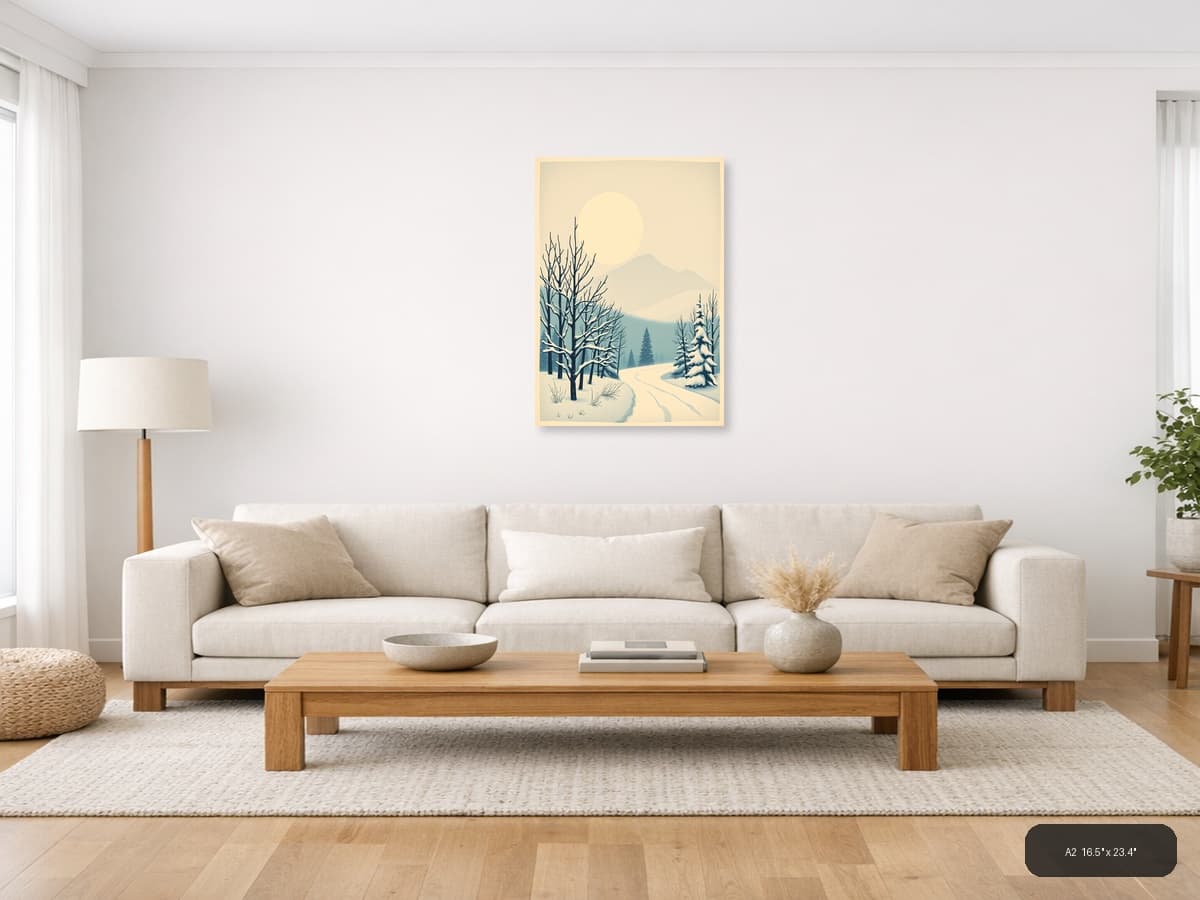 Vintage Winter Landscape with Snow-Covered Trees Wall Art shown in a room setting at A2
