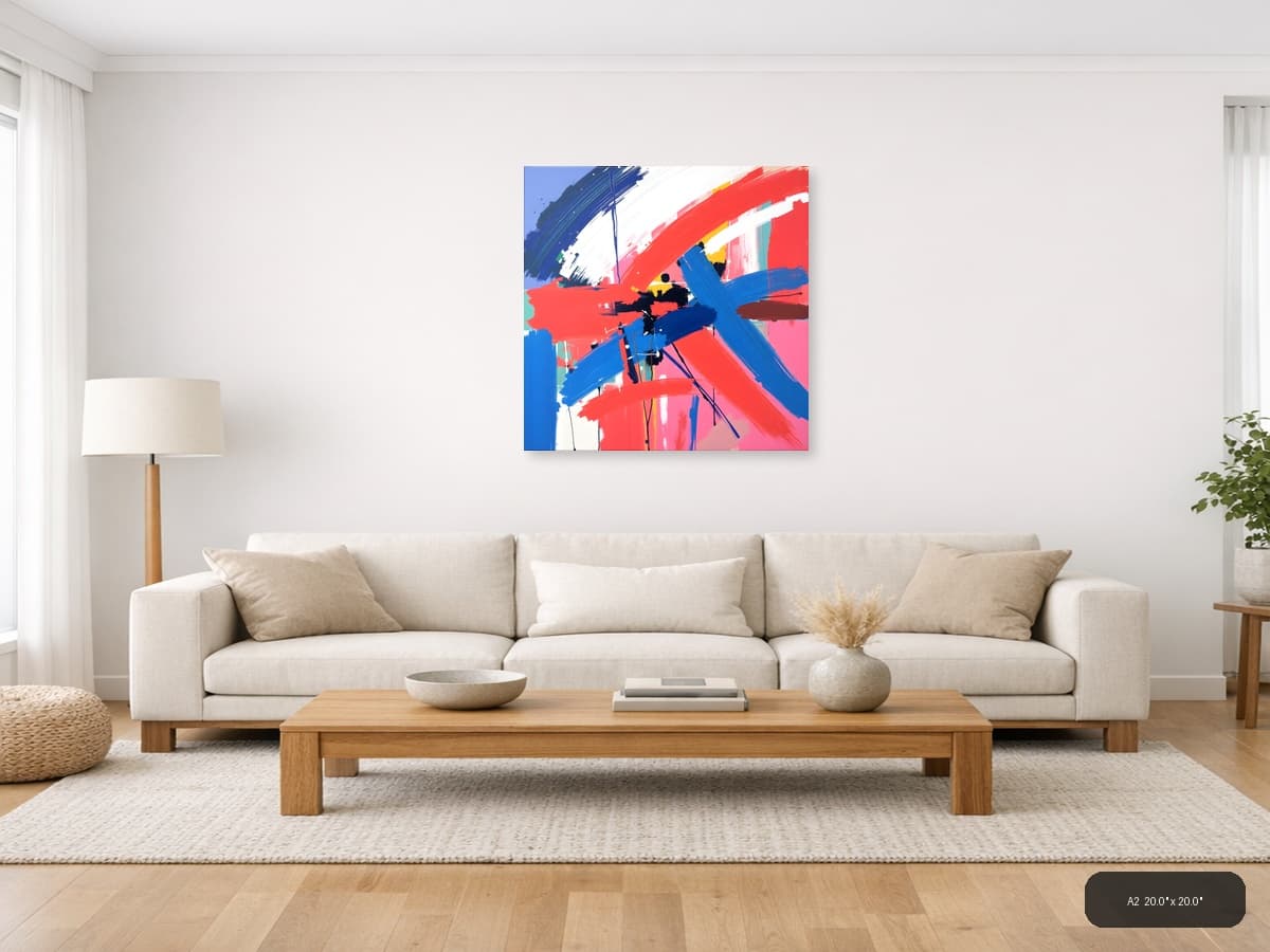 Bold Abstract Brushstrokes Red Blue Modern Wall Art shown in a room setting at A2