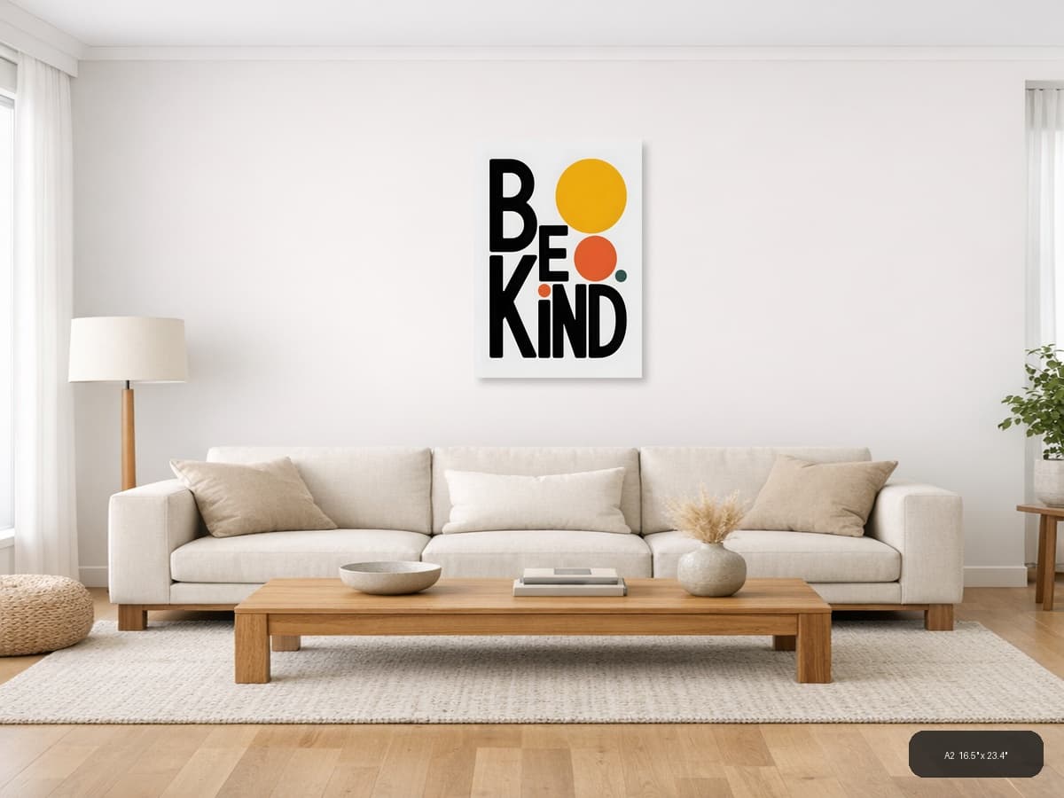 Be Kind Minimalist Typography with Geometric Circles Wall Art shown in a room setting at A2