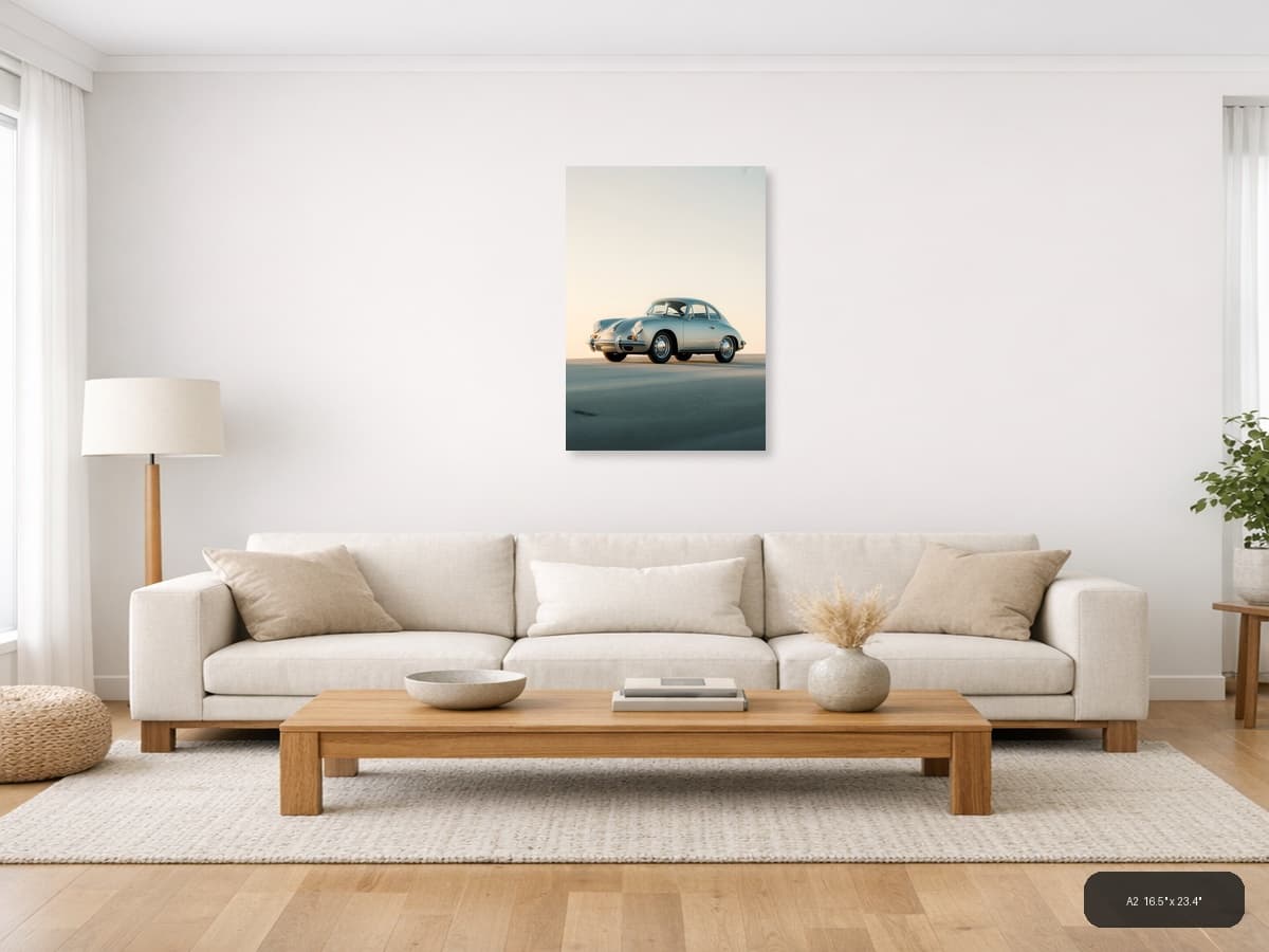 Vintage Porsche 356 Minimalist Wall Art shown in a room setting at A2
